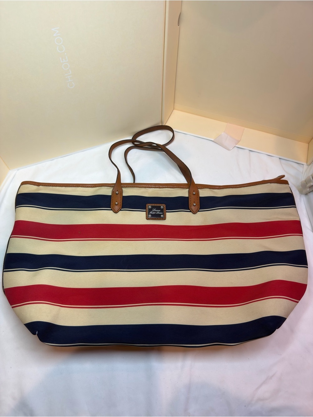 Lauren Ralph Lauren Red, Navy & Cream Striped Canvas Tote